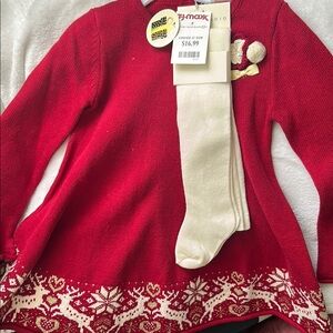 Red Holiday Sweater Dress with Cream Tights
